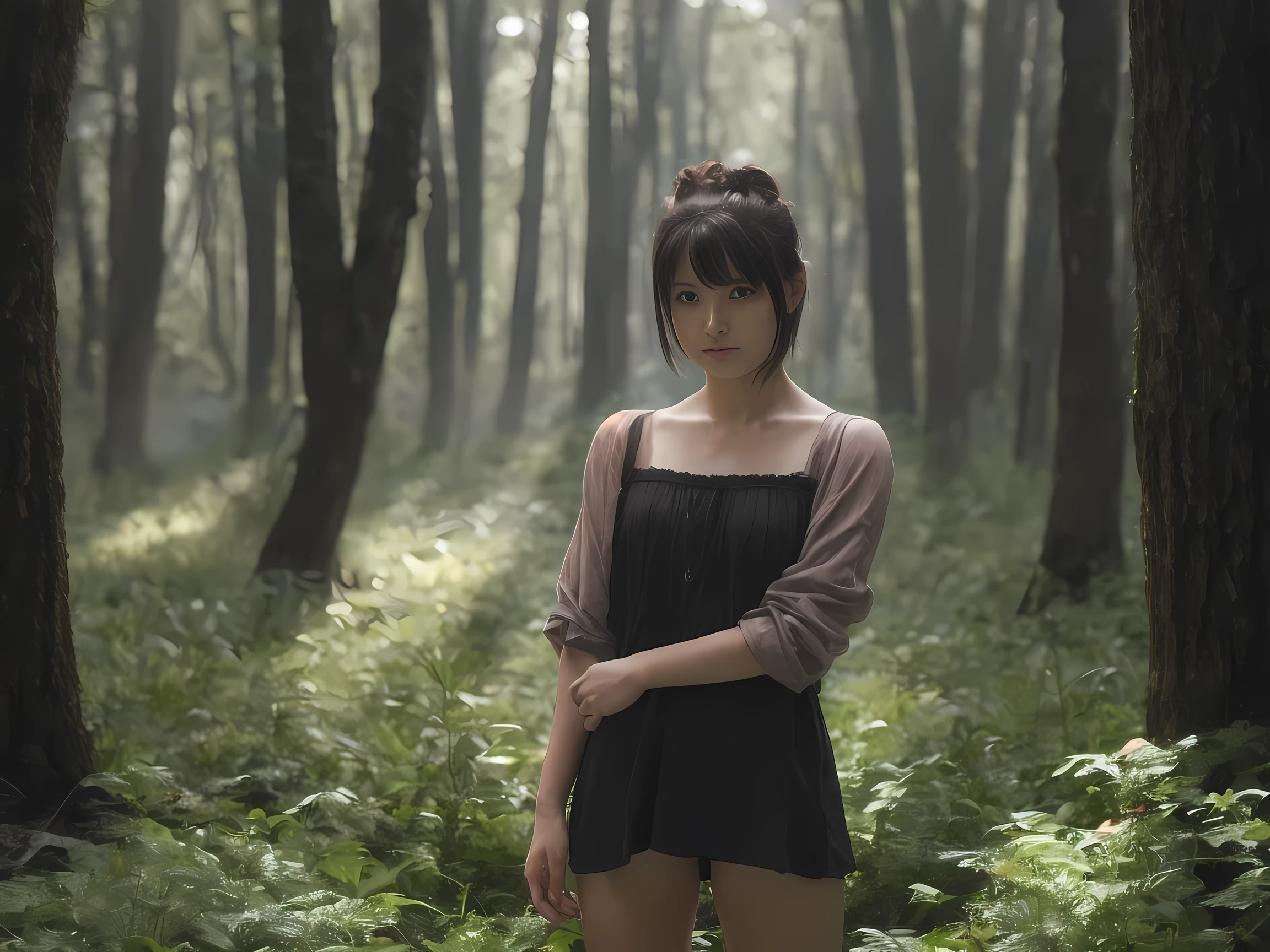 A perfect photograph, Beautiful Young Female Short hair ,Darkness Forest