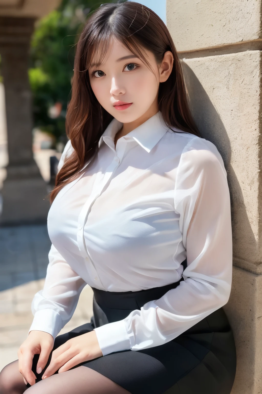 (((masterpiece))), (((highest quality: 1.4))), ((Super Detail: 1.4)) , A woman squatting in a white shirt and black skirt, ulzzang-6500-v1.1, (Raw photo:1.2), (Photorealistic), (See-through:1.3), (masterpiece), (Genuine:1.4), 32 years old, Ultra-realistic pantyhose、High heels、