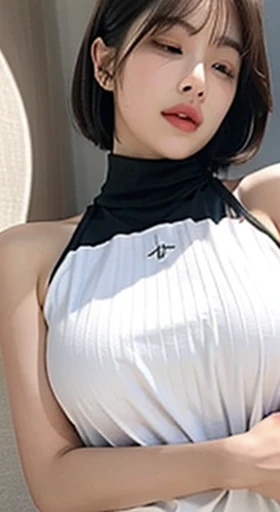 ショートボブ 巨乳 タートルネックを着て仰向けに寝ている巨乳の女性 ショートボブ - SeaArt AI
