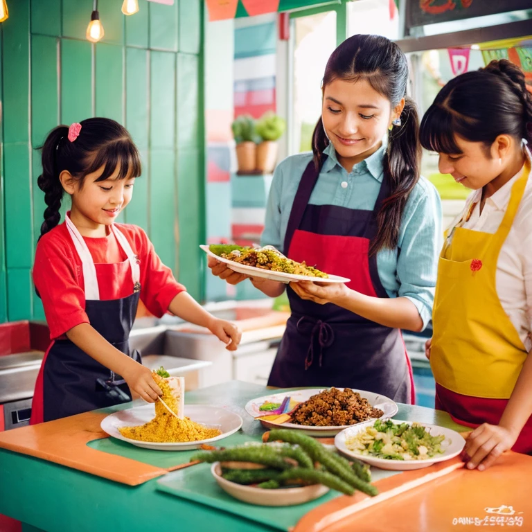 Girls cutting cactus at a taco stand　Apron and ponytail　Tacos on a plate on the counter