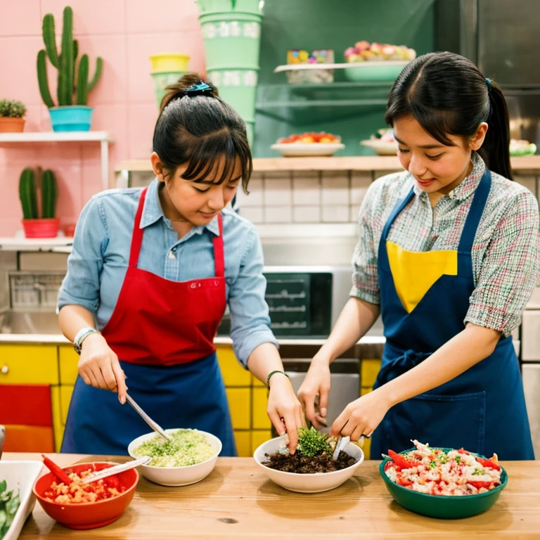 Girls cutting cactus at a taco stand　Apron and ponytail　Tacos on a plate on the counter