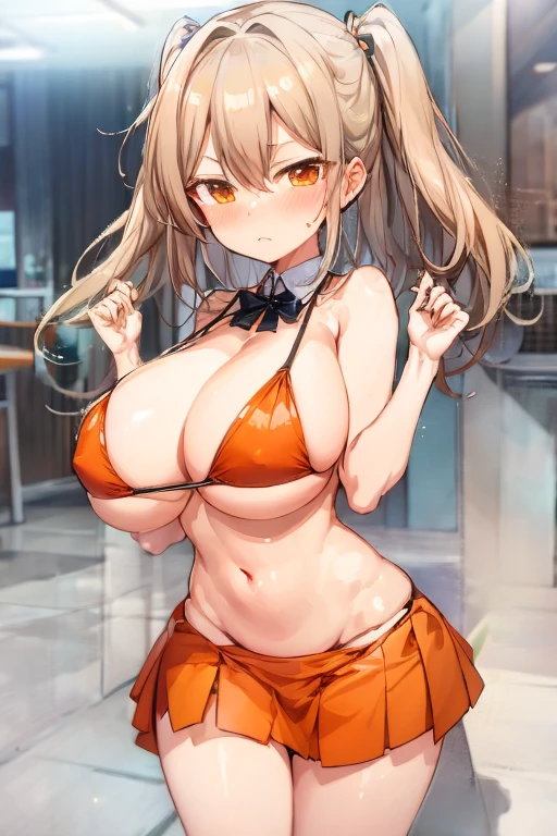 young waitress, sleeveless, orange bikini top, orange skirt, white apron, short light brown hair, black pupils, sapphire iris, white hair ribbon, one leg raised, one hand on waist, cleavage, white thong