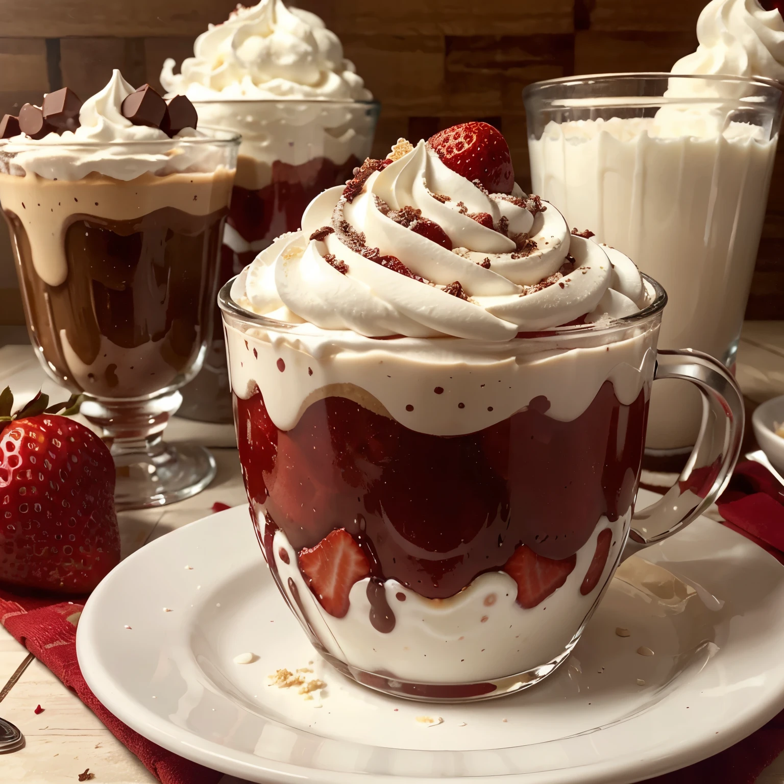 A glass based on red gelatin, then white cream, then cereal flakes, then strawberries, then chocolate, and then more cream. 