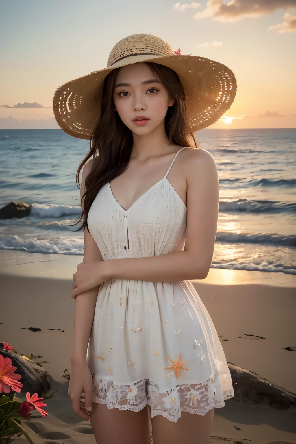 A girl standing in shallow sunset, wearing a straw hat and swimsuit with a dress or shorts. She is surrounded by flowers and starfish. The scene is a masterpiece with the best quality, capturing the beauty of the sunset. The colors are vibrant and the lighting is focused on the girl, creating a captivating cowboy shot. The image is ultra-detailed and realistic, with professional studio lighting to enhance the overall quality. The artwork is inspired by the concept of a shallow sunset, highlighting the warm and soft tones. The girl's face and features are extremely detailed, with beautiful eyes, lips, and long eyelashes. The combination of the girl's pose, clothing, and surroundings sets a dreamy and serene atmosphere, making it a visually stunning composition.