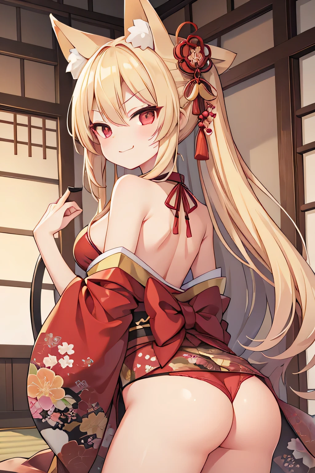 highest quality、Smirking face、Small breasts、Back view、Panty shot、Open back、Fox ears、Long blonde、Red Eye、kimono、Japanese-style room