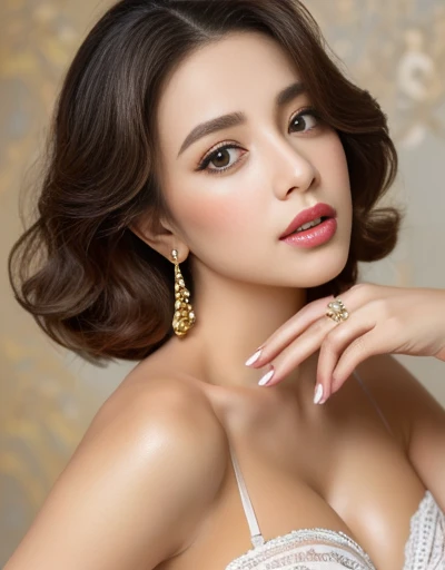 (Provocative and transcendent beauty 1.4)((Possess an extremely well-formed and miraculously beautiful face:1.3))The embodiment of perfect feminine beauty,Real Skin 1.3、((It is essential that the whole body is depicted from head to toe.,Full Body Shot:1.3))、Attractive beautiful woman:1.3、(Light brown short hAIr 1.3、Bust size 110cmDcap:1.2))well-proportioned body,Tall body,Height 172cm, Weight 55kg((Artistically beautiful fingers and hands are perfectly aligned and graceful.:1.3,Anatomically accurate,sensitive:1.3))((黒のHigh heelsと豪華なレースや金の装飾,Elaborately decorative stockings with gorgeous and flashy patterns:1.Beautiful legs wearing 1:1.2,Wearing a garter belt,High heelsを着履が必須:1.3))gorgeous&rich,Hard Impact,Hard Target,spread legs,Valley 1.4、Sexy look、Big eyes、Ultra detAIled face、Ultra-detAIled eyes、Ultra-detAIled skin、Very thin needles、Ultra-detAIled expression of 、Ultra-fine fabric、Korean Beauty、Earrings、Beautiful long legs、High heels、Cute beautiful girl,A luxurious interior space with a baroque feel,Klimt's Golden World((Marian Rivera,High-class beauty)), 30 years old,Otoro,O○○○ Crazy,Madam Yukan,Samadhi ,High-income taxpayers,The propertied classes。Debauchery,A Sensation of Beauty((Tight, transparent black silk lingerie with luxurious gold embroidery and luxurious lace.)),(((BlackButterfly Pearl,Tahiti Pearl,Black Pearl Necklace)))((Black satin elbow-length gloves are a must)) ,Too Bold a Provocation,((MSpread your legs in a U-shape)), Because I'thin, Abdominal muscles,Bokeh, Mischievous face, Provocative Gaze,HAIry, Wet,Glamour, Natural Makeup, Pink Lips, Brown Weavey LonghAIr,smile, (highest quality, 8k, Tabletop, Hmph: 1.3), Nikon Z85mm, ((highest quality)) ((Tabletop)), Intricate detAIls, Sharp focus, Professional, Realistic, Real Life, 超Realistic, Photorealism, Professionalカメラマン撮影クオリティ (Tabletop, highest quality, Very detAIled), (shape), ((Beautiful eyebrows and eyes with delicate and ultra-realistic expression:1.1,Extremely realistic depiction of eyes:1.2. Look directly at the camera:1.4)), ((Highly detAIled face)), Luxury Bedroom,((highest quality)), The beauty of the fabric between the legs of her black silk lingerie as she spreads her legs to reveal