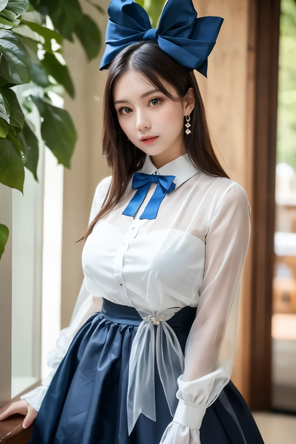 (((masterpiece))), (((highest quality: 1.4))), ((Super Detail: 1.4)) , ulzzang-6500-v1.1, (Raw photo:1.2), (Photorealistic), (See-through:1.3), (masterpiece), (Genuine:1.4), Very detailed, Sharp focus, One beautiful woman, Beautiful shiny silver hair、Detailed eyes、Detailed face、Red and blue eyes、Gothic Lolita Maid Clothing、Knee-high、