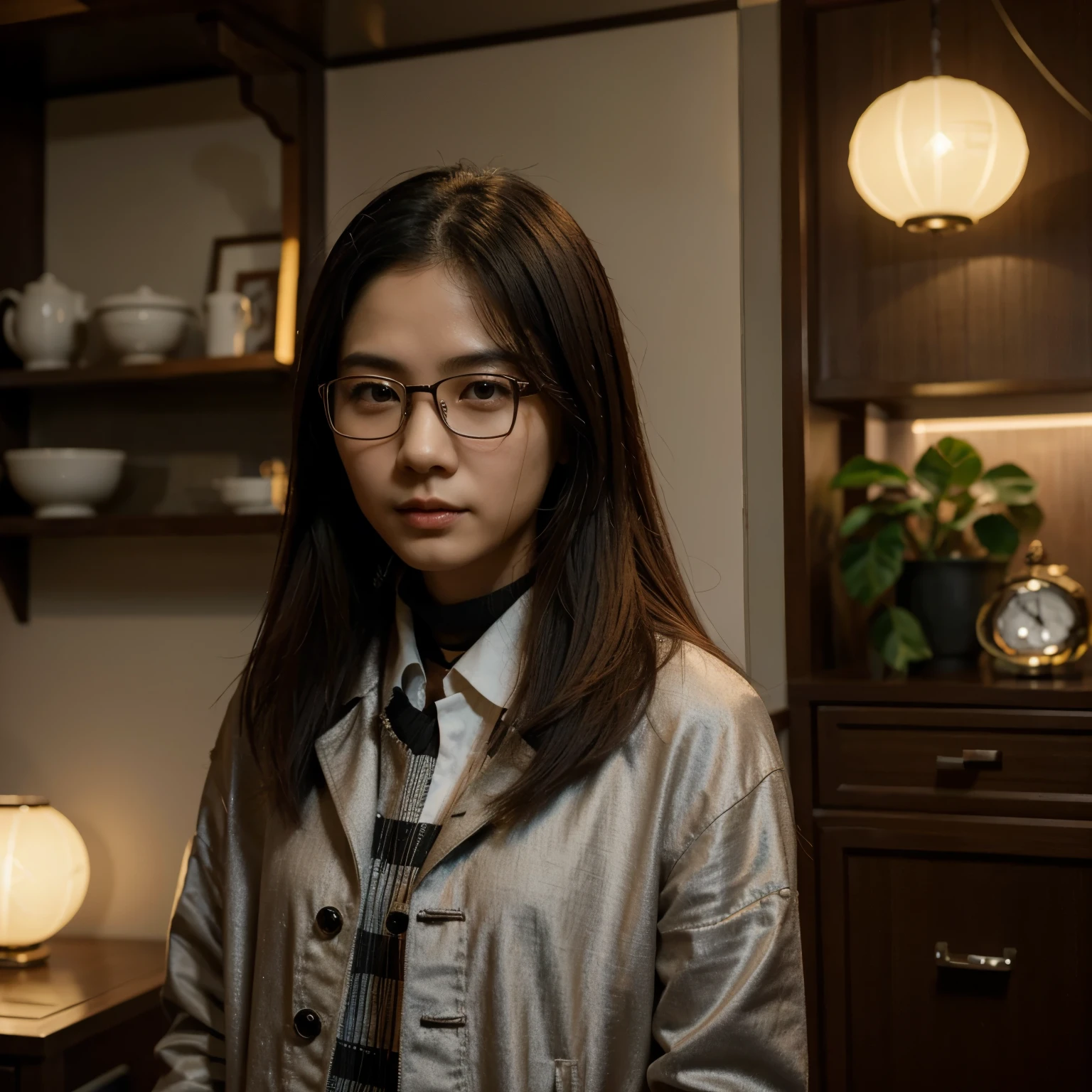 uma garota parada do lado de fora, wearing glasses, em uma jaqueta preta, ((Cabelo longo)), uma imagem inspirada em Zou Zhe, tumblr, realismo, Xintong Chen, cerca de 19 anos, Qichaowang, Huifenghuang, Zhe Long Xu, Xiao Fan Zhang, pengzhenzhang, zmonzheng, yihao ren, Zezhou Chen.