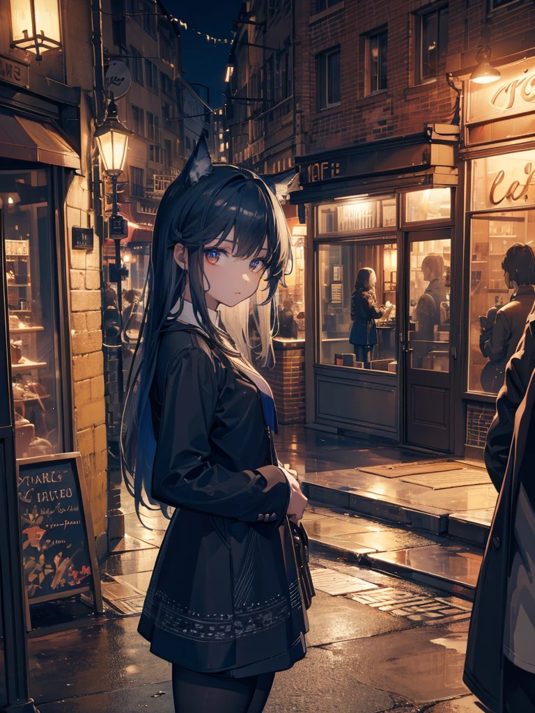 a girl standing inside a cafe at night while looking at viewer, 1girl, people in the background, ((masterpiece, best quality)), best aesthetic, sharp focus, ((8k, intricate details)), cowboy shot, cinematic lighting,