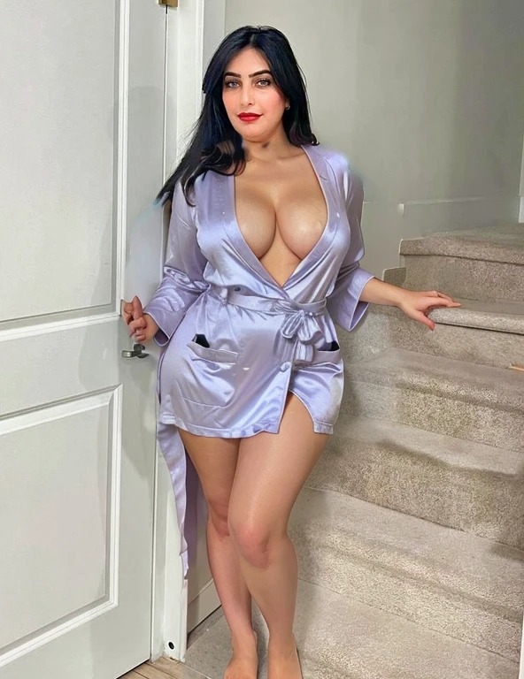 Short robe, cleavage, curvy, medium breast size