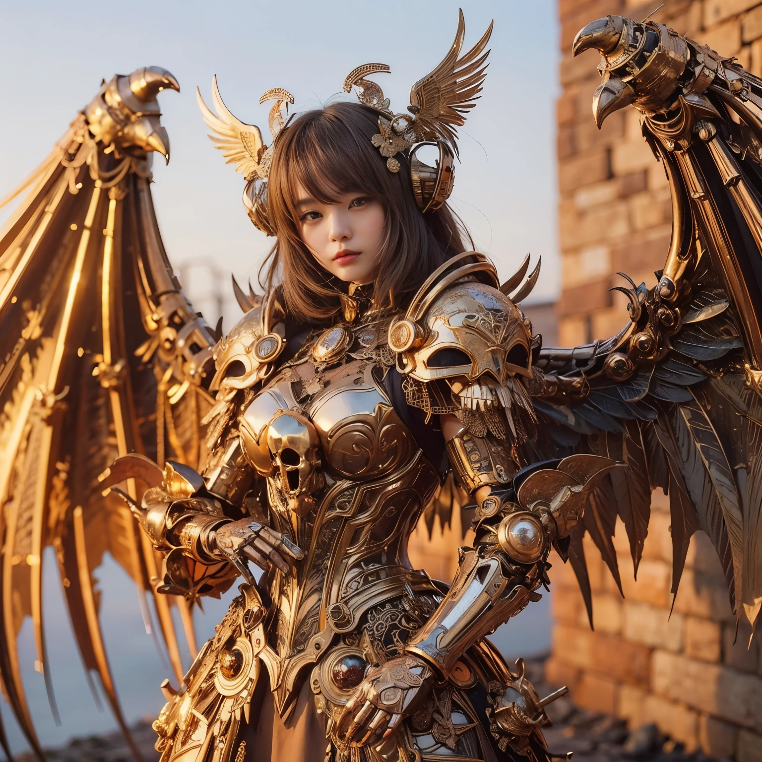 (masterpiece、highest quality、Realistic photos)、A very cute Japanese woman、Tanned skin、A complex copper and brass mechanical armor with a skull motif.、Bat Wings、White tone、Blue accents、foot、Extremely intricate details、Posing on the medieval castle walls at sunset、Full Body Shot、Minimum 4 or more generated