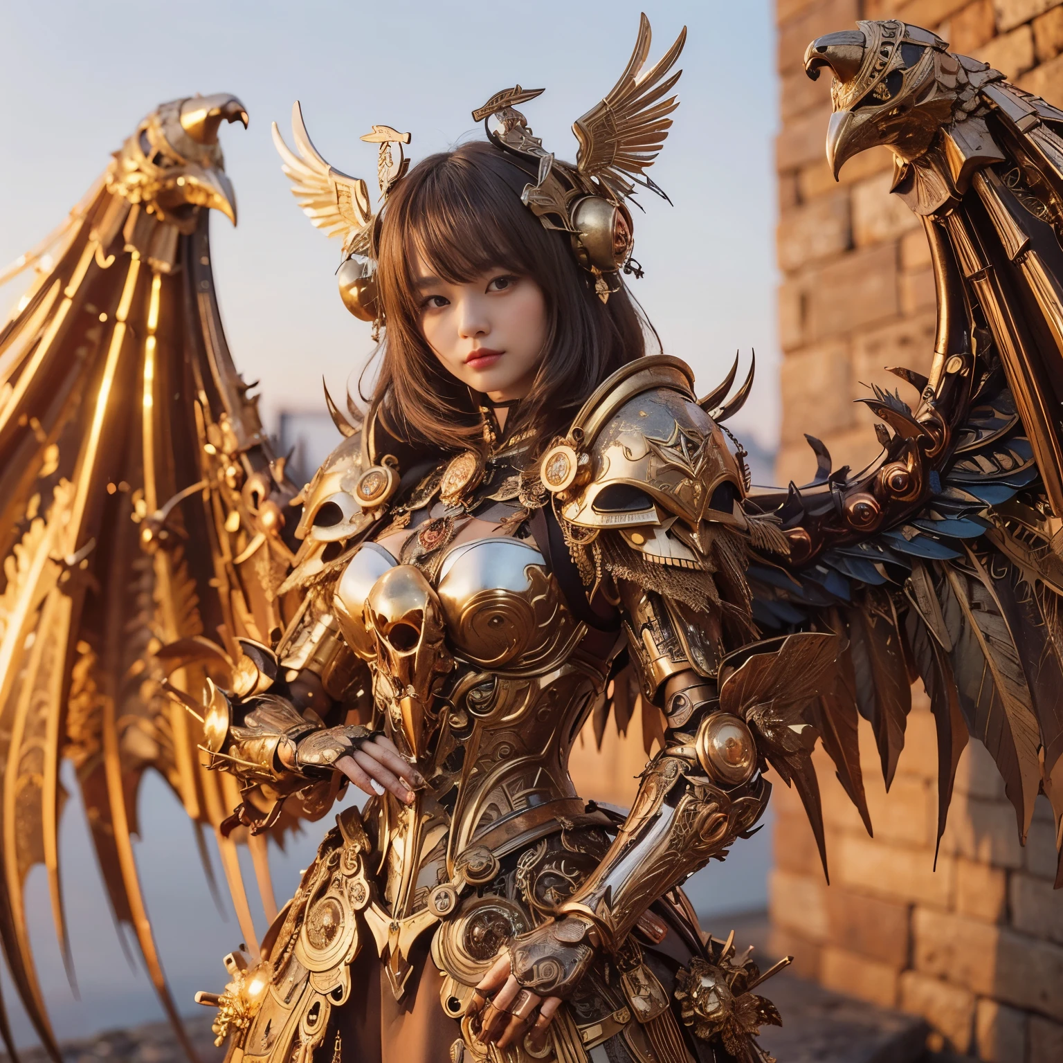 (masterpiece、highest quality、Realistic photos)、A very cute Japanese woman、Tanned skin、A complex copper and brass mechanical armor with a skull motif.、Bat Wings、White tone、Blue accents、foot、Extremely intricate details、Posing on the medieval castle walls at sunset、Full Body Shot、Minimum 4 or more generated
