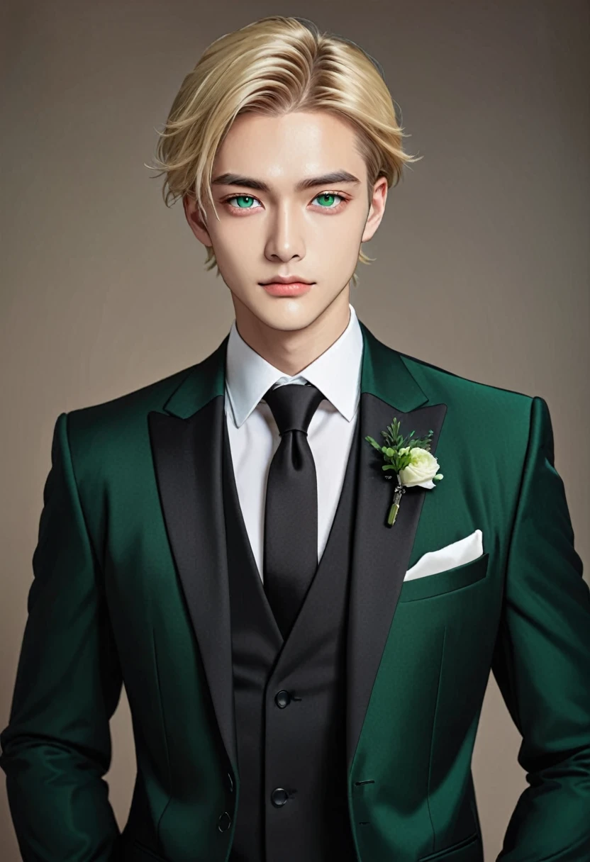 Boy with blonde hair. Green ayes color.    standing. wearing a black wedding suit .   looking at the viewer. detailed eye.           Handsome  face