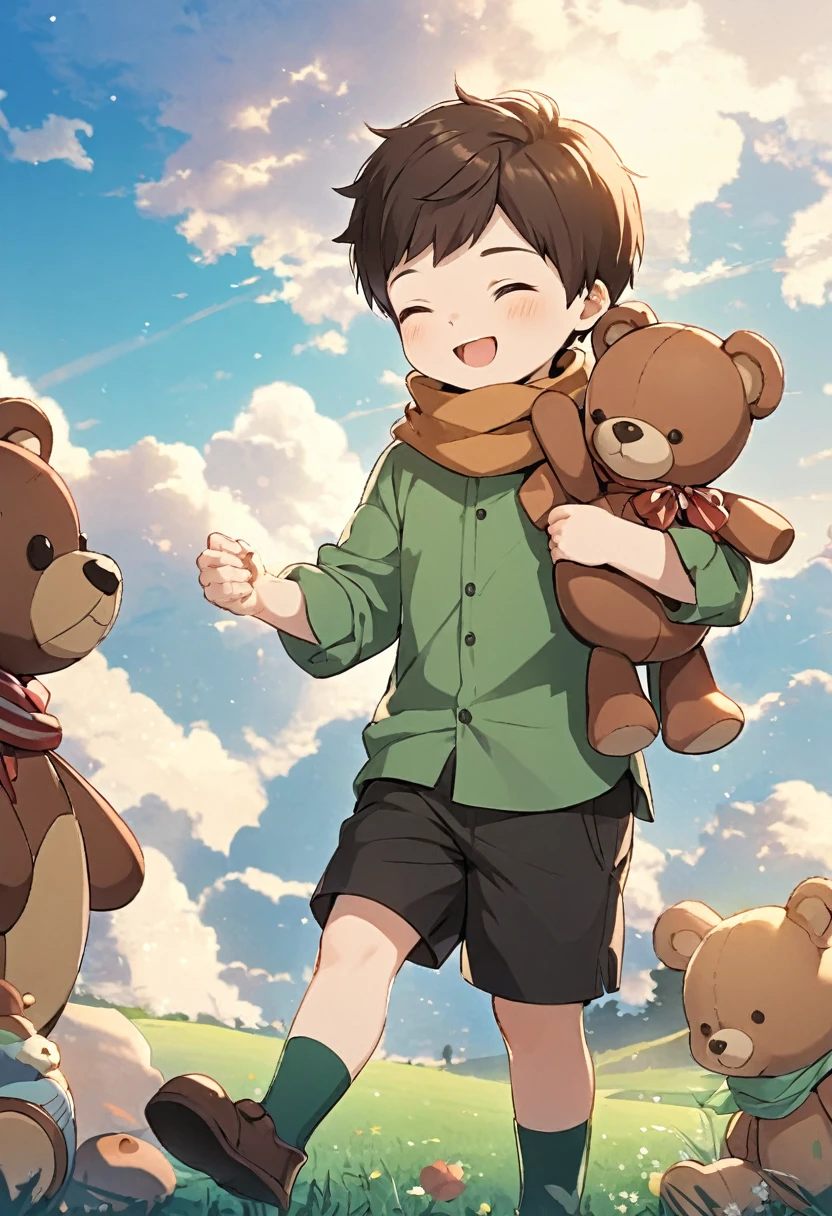 smile, open mouth, brown hair, shirt, 1boy, closed eyes, male focus, sky, shorts, socks, scarf, black shorts, stuffed toy, stuffed animal, child, teddy bear, green shirt, male child, bear