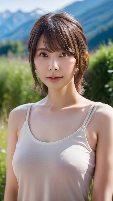 (((1girl))), highest quality, realism, Fine details, High resolution, 8k wallpaper, Perfect dynamic composition, Beautiful and delicate eyes,  Large Breasts, (Braless tank top:1.1)、(Breast swelling 1.4)、Age 35、Put your face close to LoRA, Slim Hips、Beautiful mountain range with the Alps in the background,Toned body,(whole body:1.1),