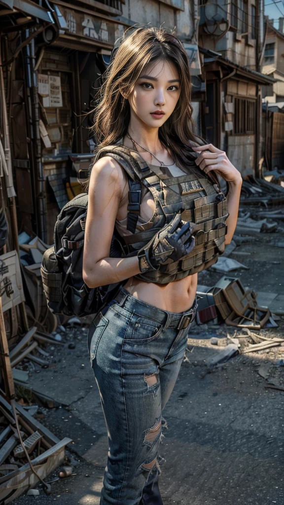 (Realistic photos:1.3, 16k, highest quality, masterpiece, Ultra-high resolution), Perfect dynamic composition:1.2, Very detailedな肌と顔の質感:1.2, Professional camera work:1.1, Dynamic pose, Very detailed, Beautiful Japanese women serving in the US military, Incredibly slim body, Fair skin, Very beautiful face, Stern expression, (Automatic rifle, Bulletproof vest, Torn clothes, Backpack, boots), Shapely breasts, Chest gap, (Covered in scars:1.0, Big eyes that exude beautiful eroticism, Lips that exude beautiful eroticism), Sexy beauty, Cowboy Shot, necklace, Earrings, bracelet, (war:1.0, ruins, Outside a rundown building in a back alley, Operation End, Car buried in rubble, Innovative Configuration)