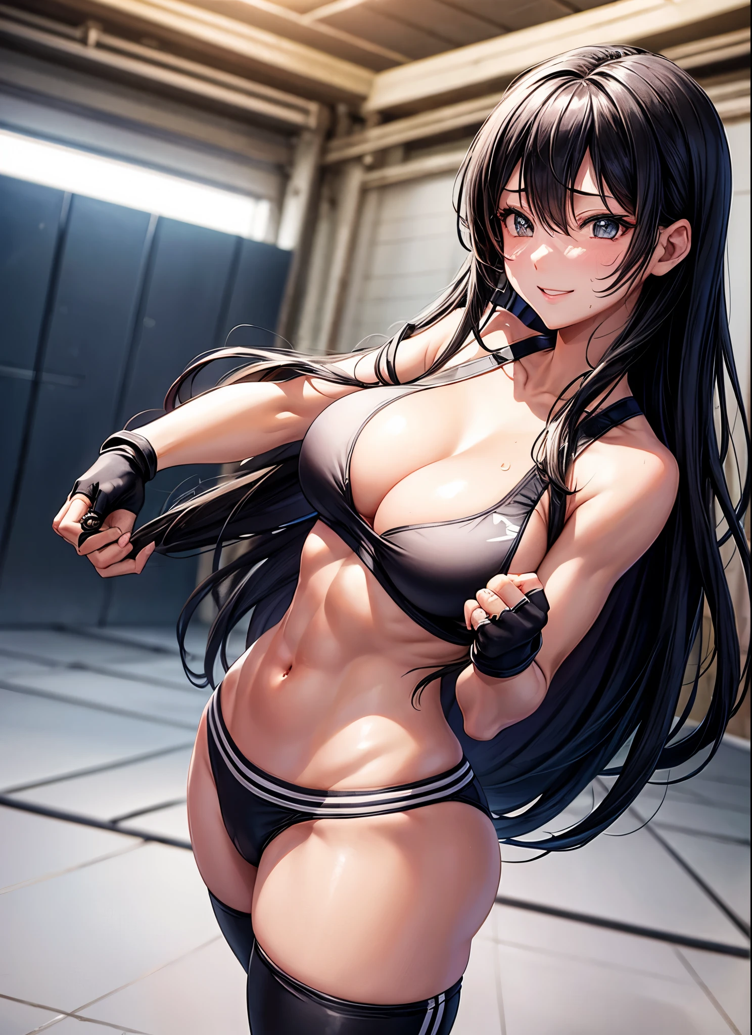 beautiful girl、Fighter、Black Hair、long hair、Big Breasts、sexy、Sexy、A gentle smile、Sports Bra、Surf bikini pants for women、Wristband、Gloves、Ring Shoes、canvaat、On the Ring、Match in the ring、indoor、Match venue、The whole body is visible、Abdominal muscleuscular、１Person-person perspective、High Kick、Sweating