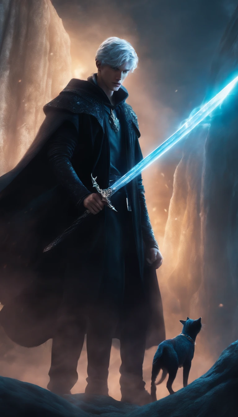 8k, a young male wizard with black clothes with grey short hair with blue aura sword from his hand, facing a giant tall monster with invisibility in the background