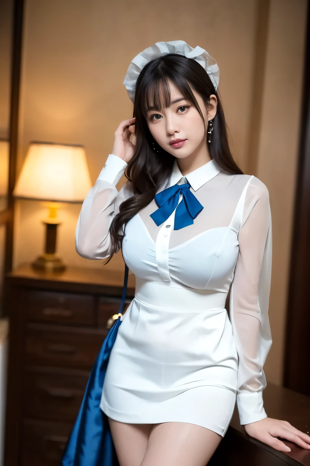 (((masterpiece))), (((highest quality: 1.4))), ((Super Detail: 1.4)) , ulzzang-6500-v1.1, (Raw photo:1.2), (Photorealistic), (See-through:1.3), (masterpiece), (Genuine:1.4), Very detailed, Sharp focus, Tensura、luminous valentine、One beautiful woman, Beautiful shiny silver hair、Detailed eyes、Detailed face、Red and blue eyes、Gothic Lolita Maid Clothing、Knee-high、