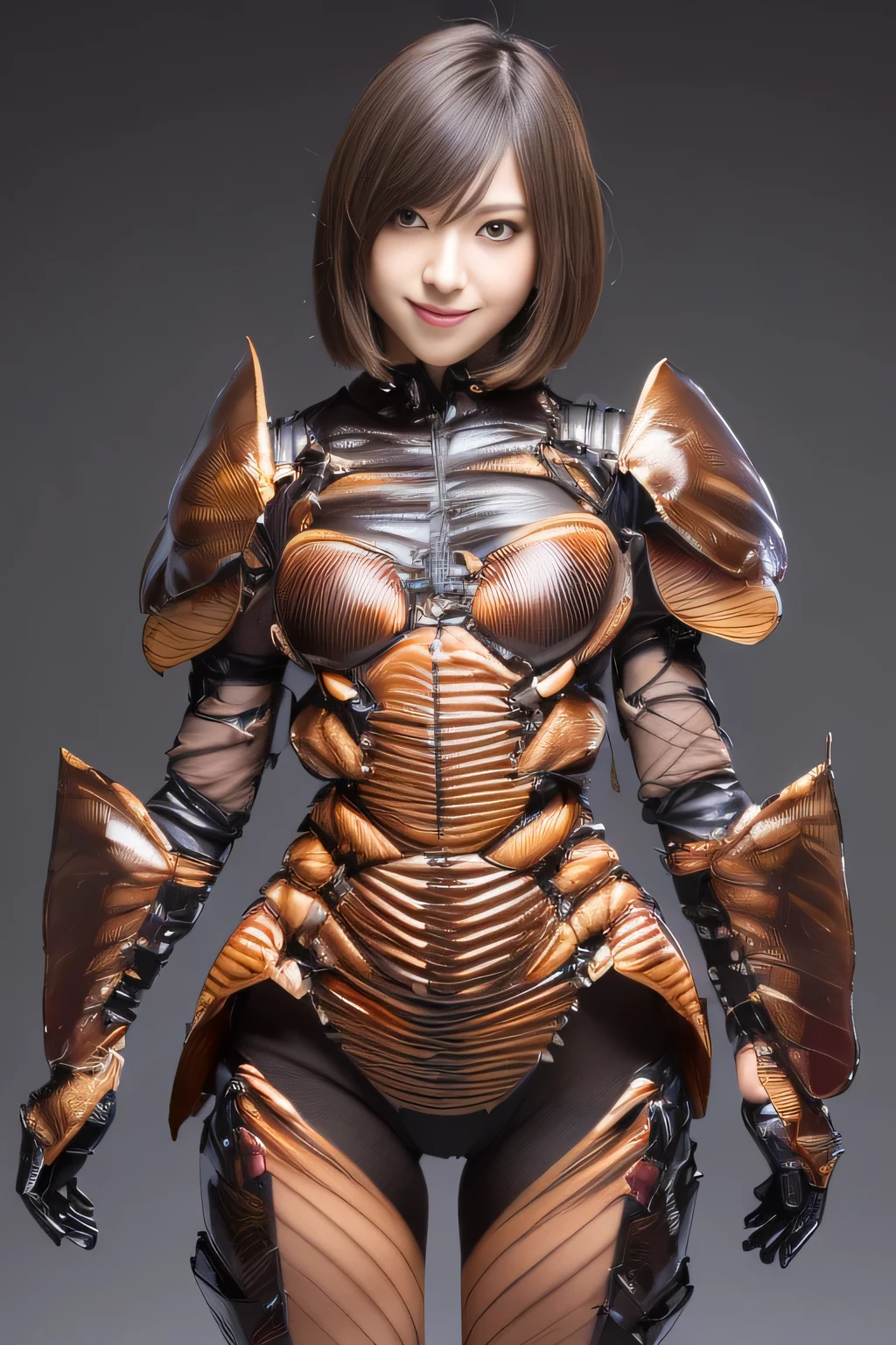 (high resolution,masterpiece,best quality,extremely detailed CG, anime, official art:1.4), realistic, photo, amazing fine details, all intricate, gloss and shiny,awesome many layers, 8k wall paper, 3d, sketch, kawaii, illustration,( solo:1.4), perfect female proportion,villainess, (fusion of dark brown cockroach and lady:1.4), (brown cockroach form lady:1.2), (brown cockroach lady:1.2), (fusion:1.2), (solo:1.4), (evil smile:1.2), muscular, abs, (cockroach brown exoskeleton bio insect suit:1.4), (cockroach brown exoskeleton bio insect armor:1.2), (brown transparency cockroach wing:1.4), (brown cockroach antennae:1.3),