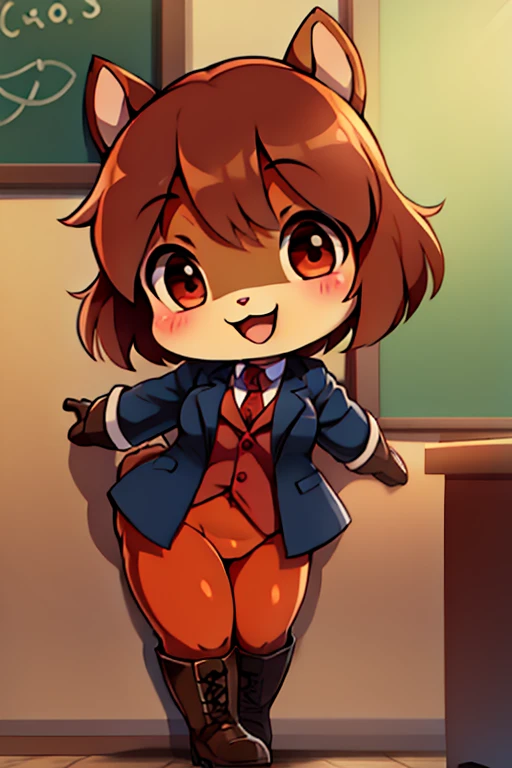 boy, squirrel and rabbit and cat, furry, bodyfur, blazer, bottomless, color tights, gloves, boots, school, chibi, happy, spread legs, on table