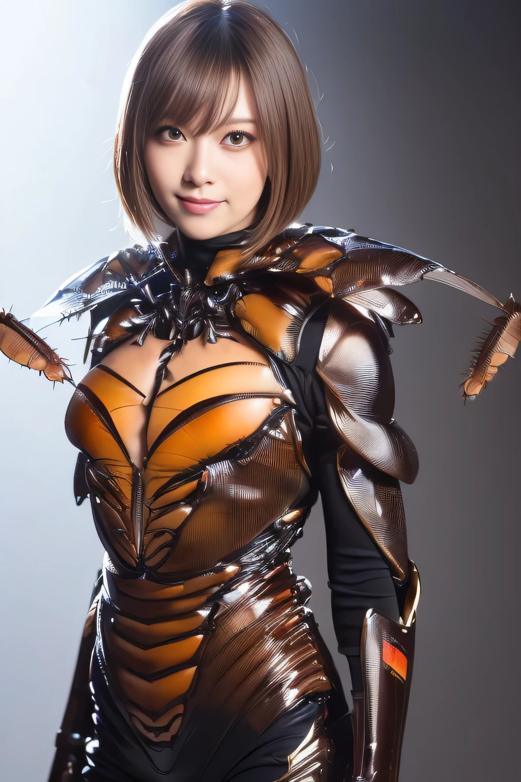(high resolution,masterpiece,best quality,extremely detailed CG, anime, official art:1.4), realistic, photo, amazing fine details, all intricate, gloss and shiny,awesome many layers, 8k wall paper, 3d, sketch, kawaii, illustration,( solo:1.4), perfect female proportion,villainess, (fusion of dark brown cockroach and lady:1.4), (brown cockroach form lady:1.2), (brown cockroach lady:1.2), (fusion:1.2), (solo:1.4), (evil smile:1.2), muscular, abs, (cockroach brown exoskeleton bio insect suit:1.4), (cockroach brown exoskeleton bio insect armor:1.2), (brown transparency cockroach wing:1.4), (brown cockroach antennae:1.3),