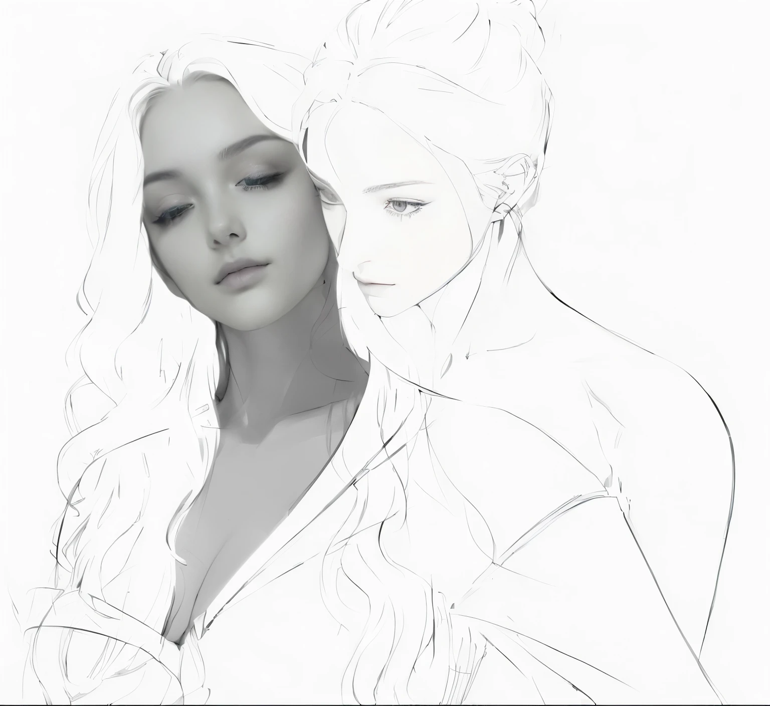 Drawings of women and men with long hair, outline, outoutline, Black and white sketch, black and white sketch, Greedy and failed, Soft outline, digital sketch, body and face in detail, HD linear behavior, Charlie Bowater art style, Bold straight line, concept image, realistic figure, face and body in detail