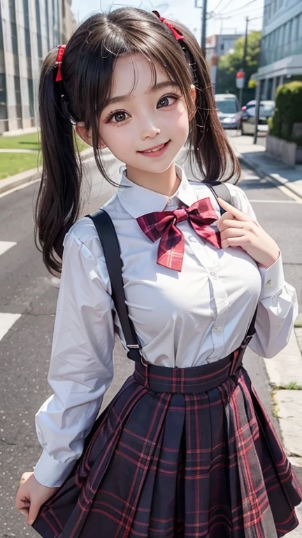 little young girl.................,, in front of the school、Connect to skirt with suspenders、White shirt with long sleeves、Plaid skirt、, , sakimichan,, nice and cute, Innocent smile, , Lovely smile, sakimichan HDRI 、 with short bob、Pose cutely , 8 year old , big breasts , red knot , red bow , twin tails hair , waistband of skirt is at the point above chest