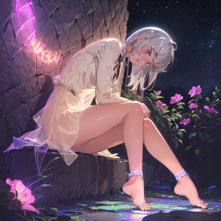 (best quality,4K,8k,high resolution,masterpiece:1.2),Ultra Detailed,(actual,photoactual,photo-actual:1.37),illustration,Soft Light,White hair girl,Deep purple eyes,Glowing eyes,sit down,barefoot,blush,Garden at night,Flowers.