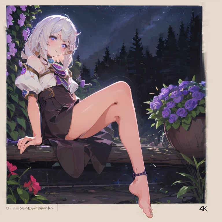 (best quality,4K,8k,high resolution,masterpiece:1.2),Ultra Detailed,(actual,photoactual,photo-actual:1.37),illustration,Soft Light,White hair girl,Deep purple eyes,Glowing eyes,sit down,barefoot,blush,Garden at night,Flowers.