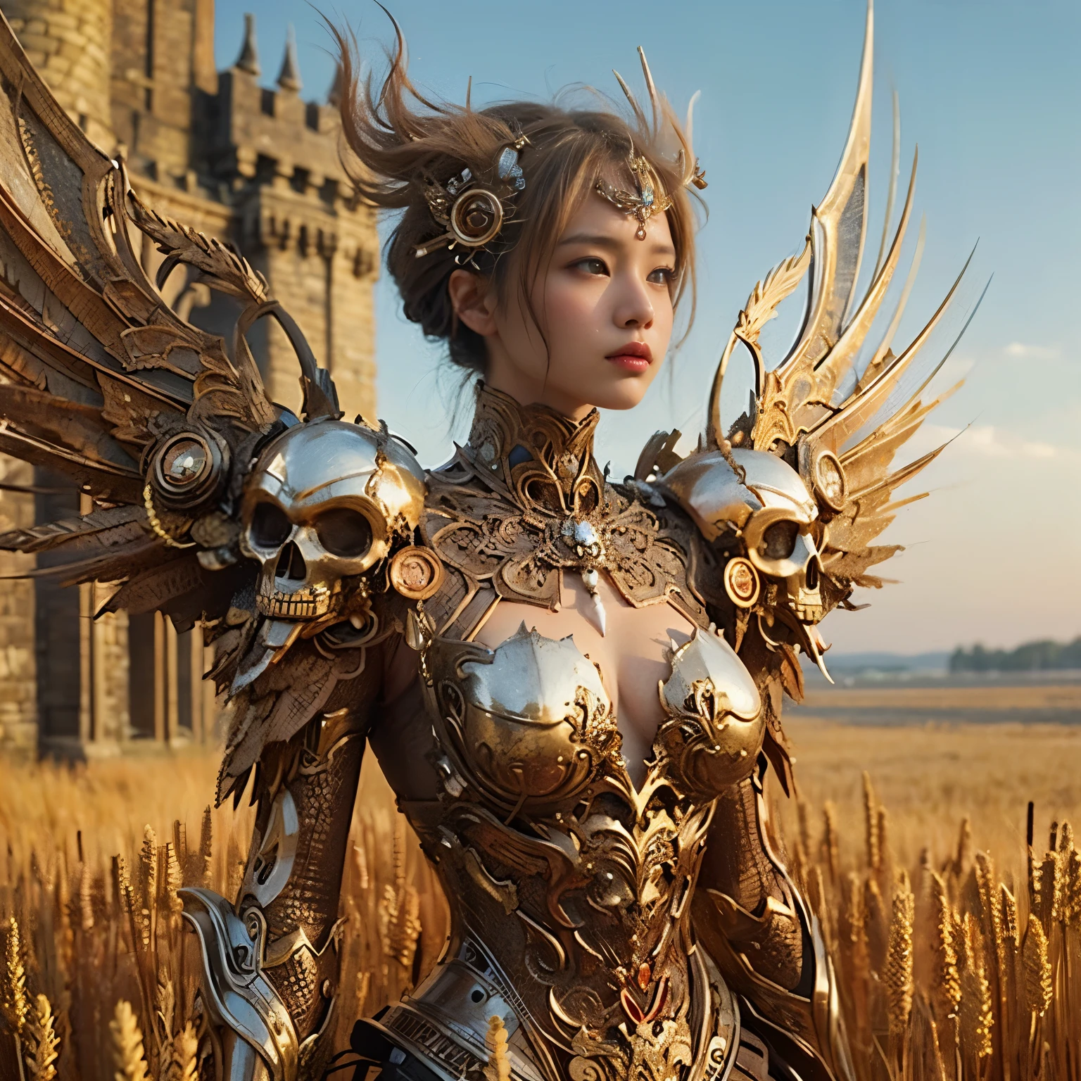 (masterpiece、highest quality、Realistic photos)、A very cute Japanese woman、Brown skin、A complex copper and brass mechanical armor with a skull motif.、Bat Wings、White tone、Blue accents、foot、Extremely intricate details、Posing on the medieval castle walls at sunset、Full Body Shot、Minimum 4 or more generated