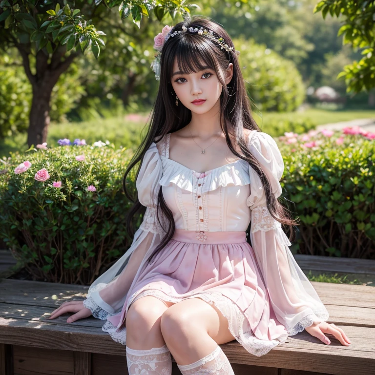 best quality, masterpiece, lifelike, 1 girl, solitary, eternal, Black Hair, Long curly hair, Bangs, Laugh out loud, Layered lace trim skirt,  Puff sleeves, Wide sleeves, Transparent sleeves,  在flower园里, flower, Detailed background,  Delicate face，pink blush，White，Knee socks, Pink shoes，cold，Lots of lace，((​masterpiece))、(top quality)、8k、High Detail、Super detailed、 21 years old female，​masterpiece、born、Scenes resembling fairy tale illustrations、Intricate details showcase the ruffles and intricate designs of the Lolita dress、beautiful、magic、realism、Visual effect、FXAA、SSAO、shader、voiceless、Ambient Lighting、Tone Mapping、high resolution、Ultra HD、Million pixels、(8k resolution:1.10)、8k resolution、High Detail、Intricate details、 (high quality:1.2、​masterpiece:1.2、:1.21)、(21 years old female）(Surrounded by a dreamy atmosphere ），Hair accessories are not allowed