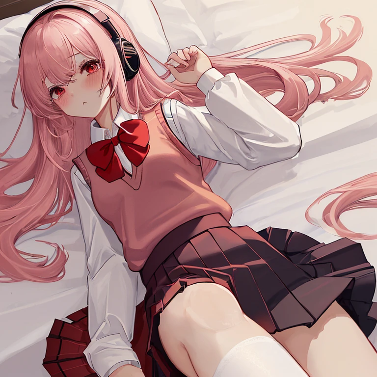 (8k、highest quality、masterpiece:1.2)、Illustration touch、Ultra-detailed、Super A High Resolution、Light pink hair、long hair、Headphones、Woman in uniform、clear、High 、ボタンを全部とめた白色のLong sleeve blouseと紺色のSweater vest、Long sleeve blouse、Tightly tied red bow tie、紺色のSweater vest、Sweater vest、Red Check Skirt、Red Check Skirt、mini skirt、White Pantyhose、Lying exhausted in bed、Inner thighs、Thin limbs、White panties、(School uniform:1.4)、Blushing、Embarrassed、Watery eye、Pulling up her skirt