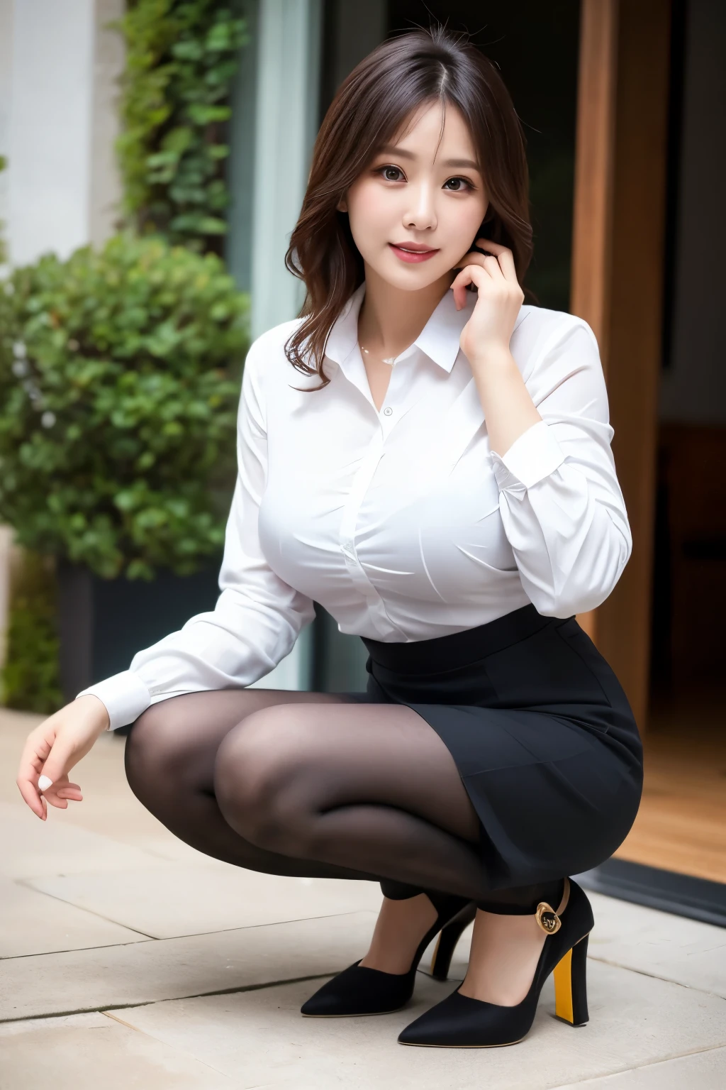 (((masterpiece))), (((highest quality: 1.4))), ((Super Detail: 1.4)) , A woman squatting in a white shirt and black skirt, ulzzang-6500-v1.1, (Raw photo:1.2), (Photorealistic), (See-through:1.3), (masterpiece), (Genuine:1.4), 38 years old, 3 6 years old, 28 years old, 29-year-old,  8k)), 32 years old, Ultra-realistic pantyhose、High heels、