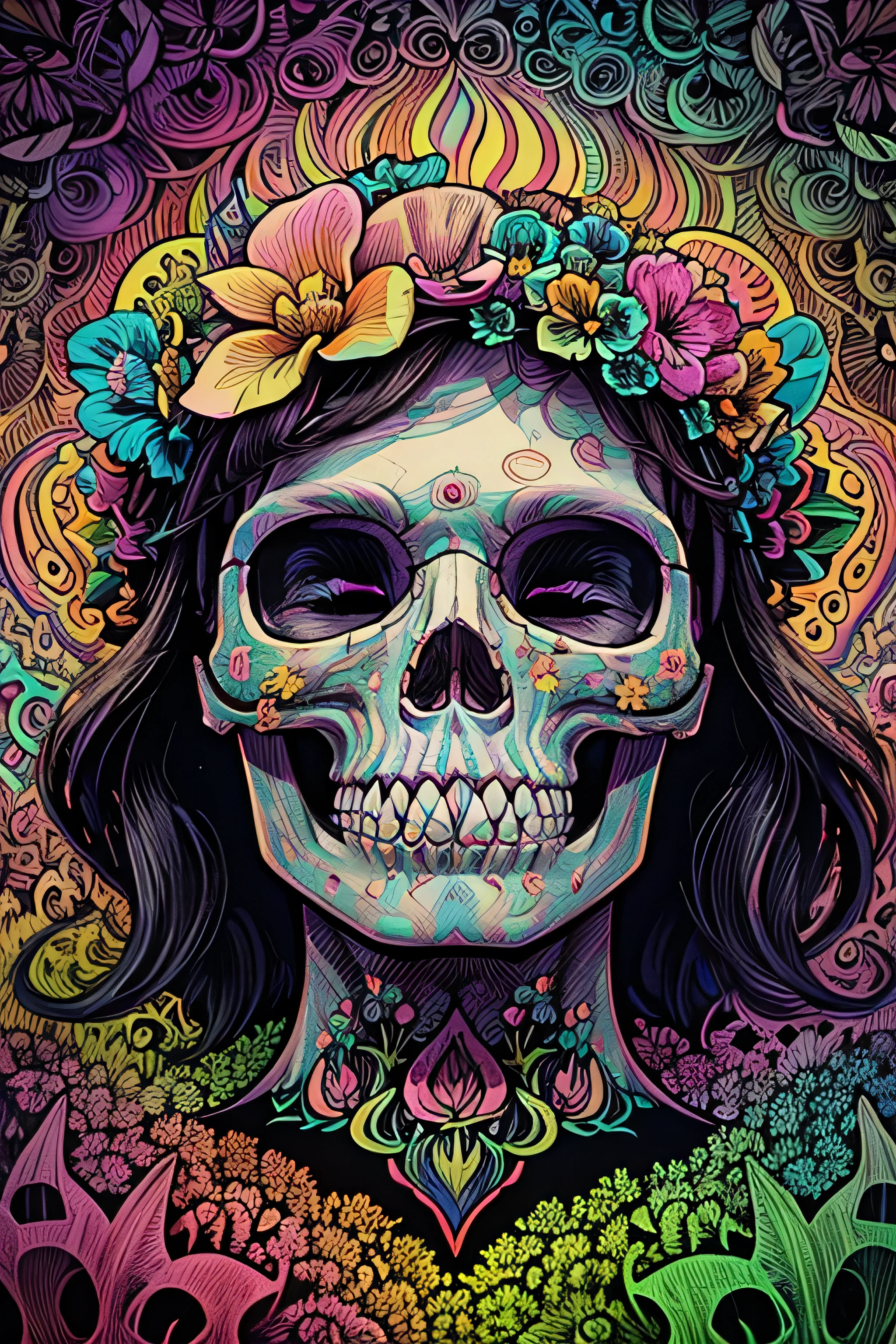 a close up of a skull with a flower crown on it, psychedelic illustration, detailed digital drawing, psychedelic mushrooms dream, psychedelic aesthetic, detailed digital illustration, colorfull illustration, psychedelic art style, psychedelic vegetation, procreate illustration, psychedelic mushrooms, trippy mushroom, full color digital illustration, psychedelic forest, trippy art, psychedelic art, in style of digital illustration, retro psychedelic illustration