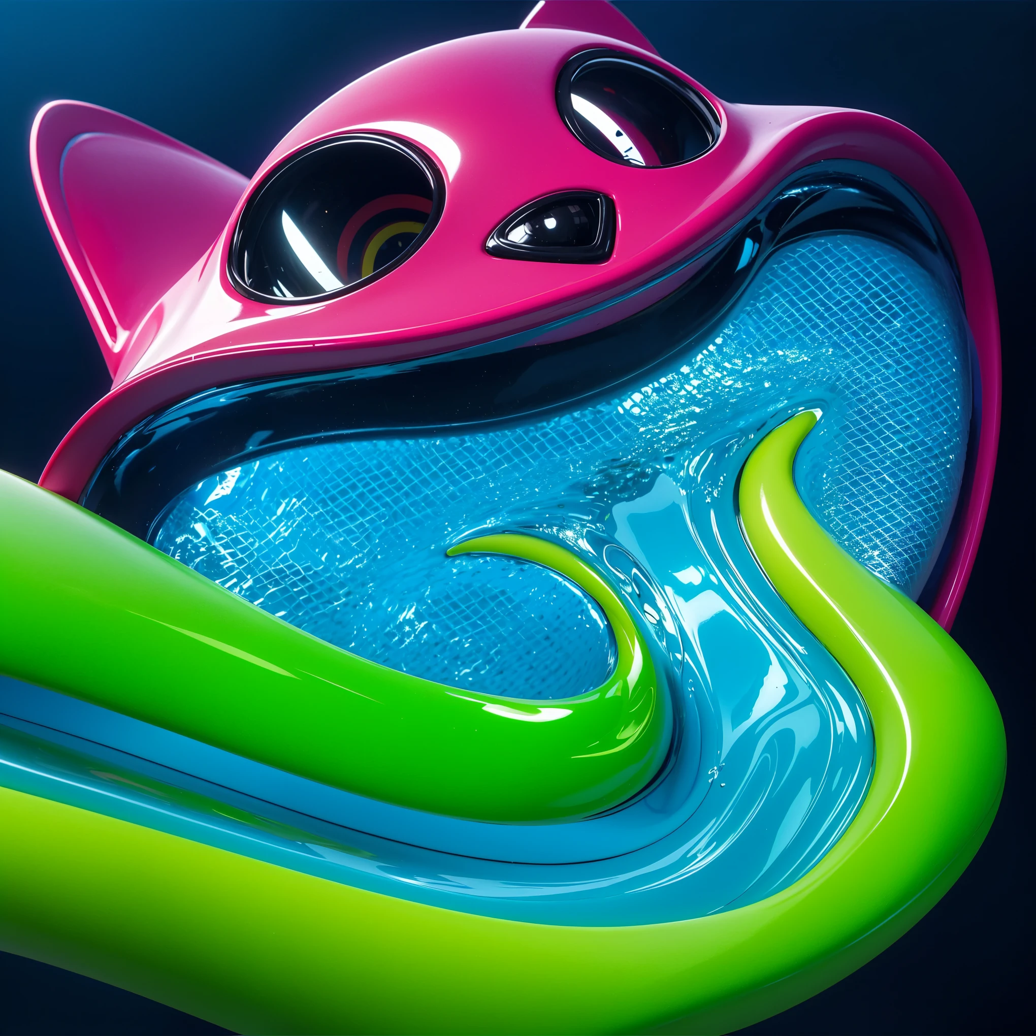 super realistic water, real water, water reflections in the pool, blue bottom of the pool with water Purple creature with black eyes and a smile and a pool in its mouth deep children's water pool filled with beautiful water with waves. The image depicts a close-up of a large, metallic spider-like robot with six legs and a body that resembles a combine harvester. It stands on a blue floor and is facing a red wall.cartoon key frame rendering, cute 3D rendering, Shiny metallic, zbrush color rendering. perfect cgi, cgi art created only with gradients, smooth silhouette, high intensity refraction, (plastic material), most beautiful vfx, blue background, plastic refractions, glossy texture, smooth 3d model, multiple light sources, rim light, sharp post effects render, (glossy plastic texture with multiple big light probe refractions), perfect cgi, cgi art created only with gradients, smooth silhouette, high intensity refraction, (plastic material), most beautiful vfx, blue background, plastic refractions