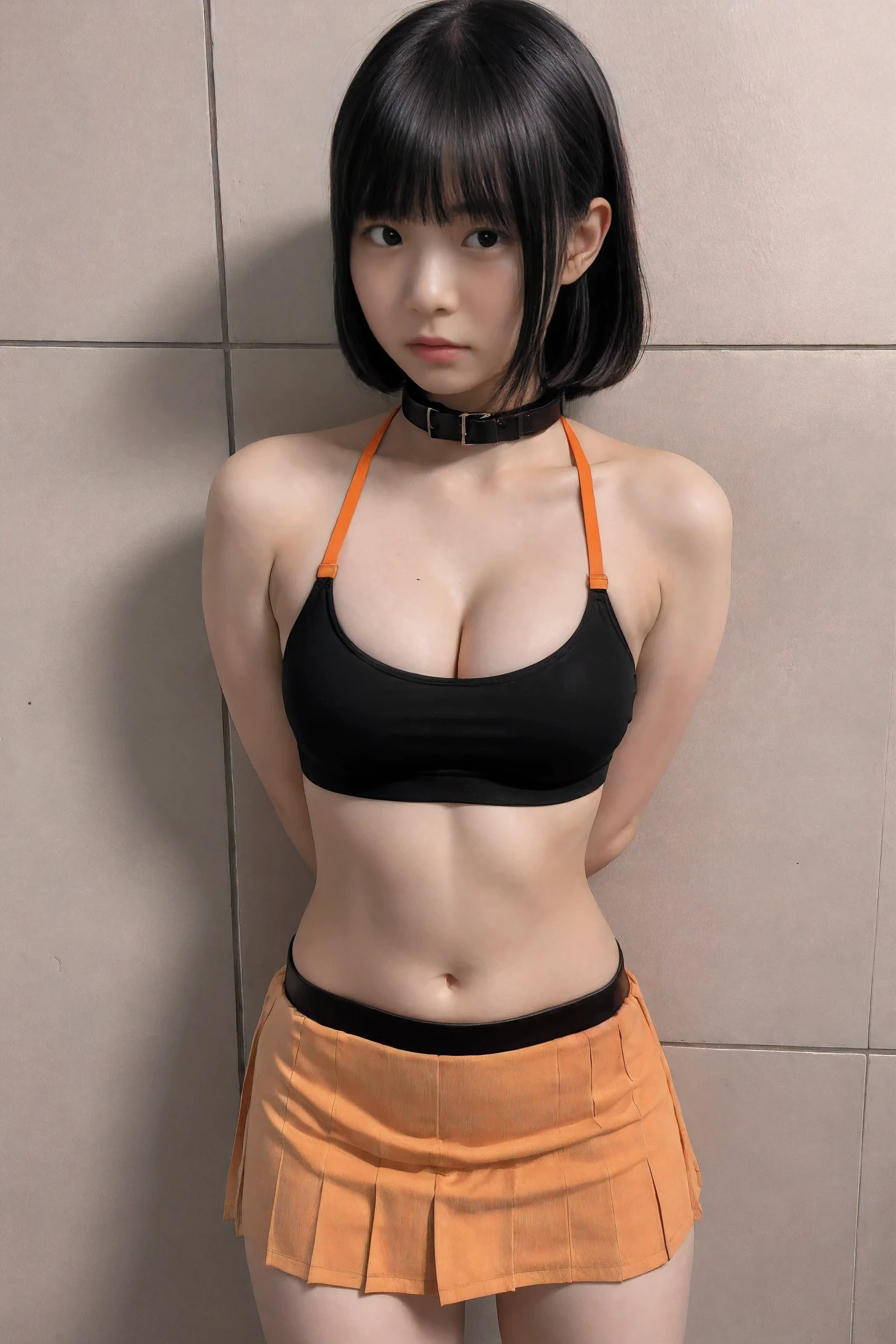 In prison, black collar, one cheerleaders, 16 years old, (looking at viewer), (arms behind back), orange-collar sports bra, navel exposed, orange-collar pleated micro-mini skirt, socks, being trained by master, sad expression