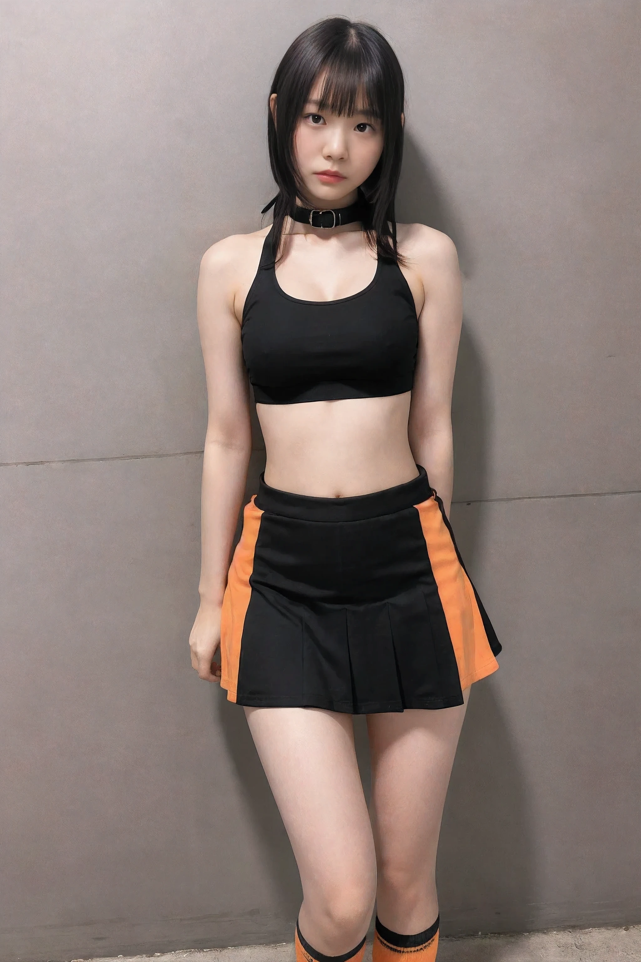 In prison, black collar, one cheerleaders, , (looking at viewer), (arms behind back), orange-collar sports bra, navel exposed, orange-collar pleated micro-mini skirt, socks, being trained by master, sad expression