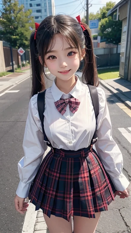 little young girl.................,, in front of the school、Connect to skirt with suspenders、White shirt with long sleeves、Plaid skirt、, , sakimichan,, nice and cute, Innocent smile, , Lovely smile, sakimichan HDRI 、 with short bob、Pose cutely , 8 year old , big breasts , red knot , red bow , twin tails hair , waistband of skirt is at the point above chest