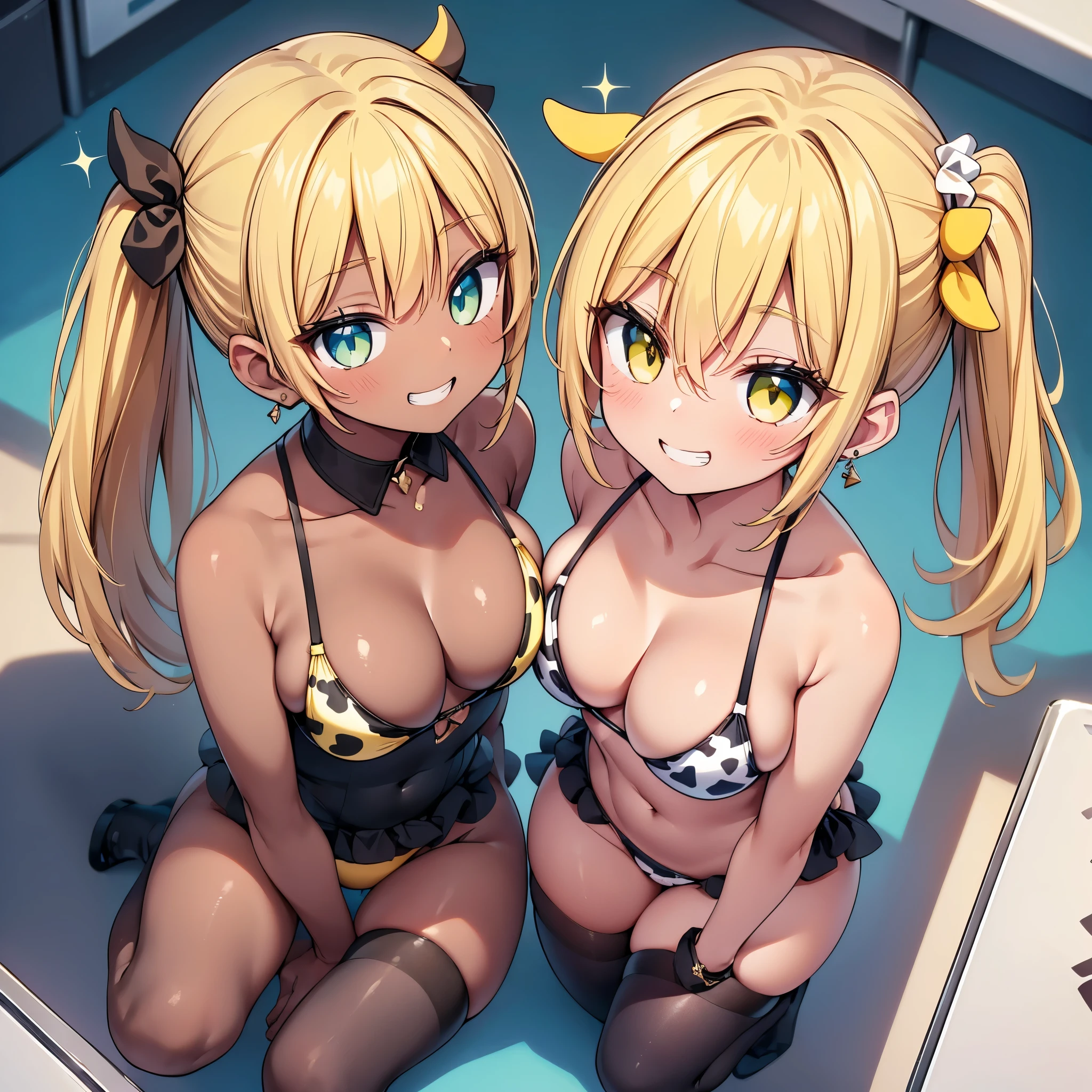 (cute eyes:1.2), (sparkling eyes:1.2), (8K、Best image quality、highest quality、masterpiece)、Detailed face、(2 girls)、Improve、((Brown Skin:1.3))、blonde、Low Ponytail、Scrunchie、Yellow Eyes、Earrings、Wicked Smile、((Grin)), (skinny body:1.4), (midium breasts), (cow print micro bikini:1.1), Sit on a chair, whole body, Classroom Background, (black stockings:1.2), (Thighs:1.2),(from above:2)