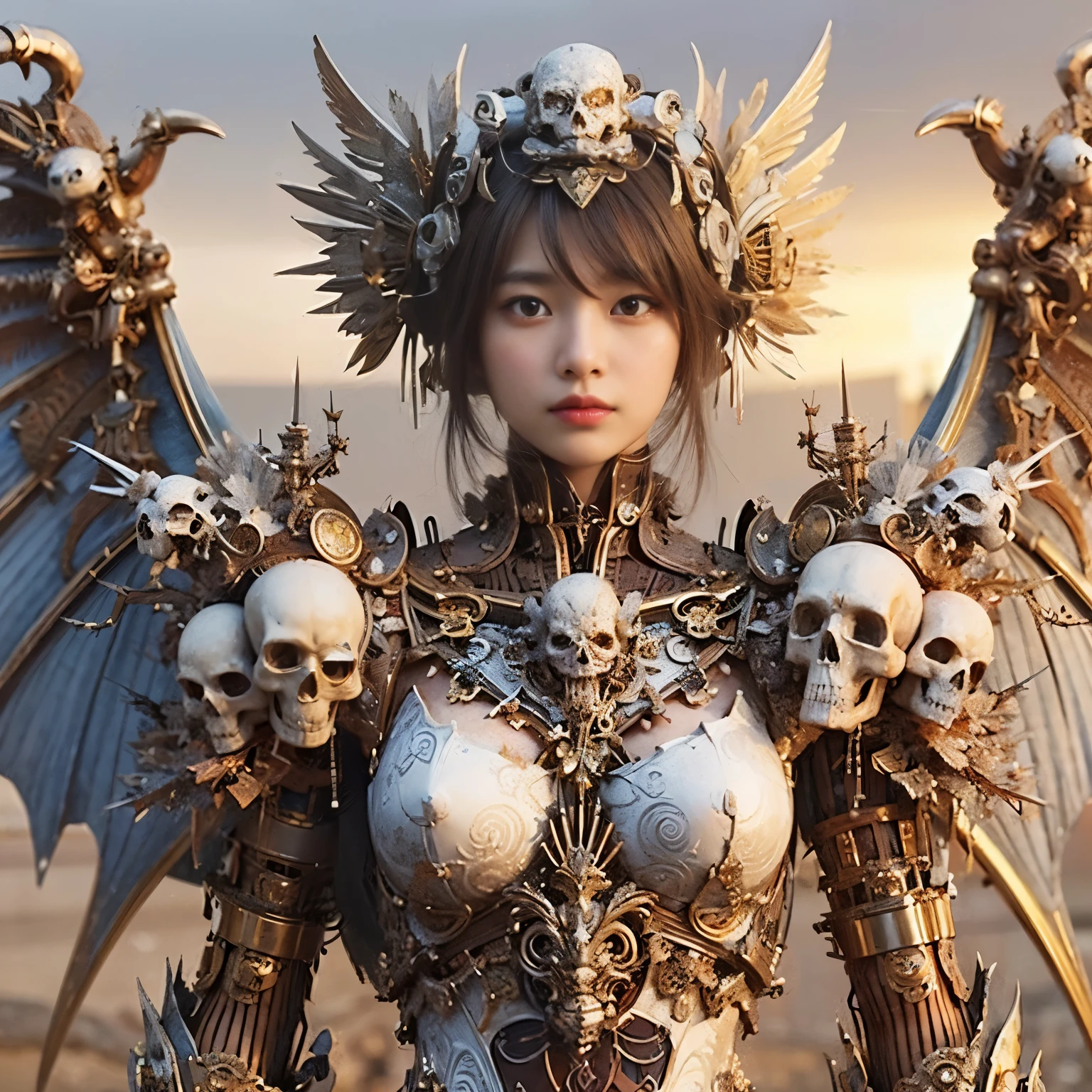 (masterpiece、highest quality、Realistic photos)、A very cute Japanese woman、(Brown skin:1.2)、A complex copper and brass mechanical armor with a skull motif.、Bat Wings、White tone、Blue accents、foot、Extremely intricate details、Posing on the medieval castle walls at sunset、Full Body Shot、Minimum 4 or more generated
