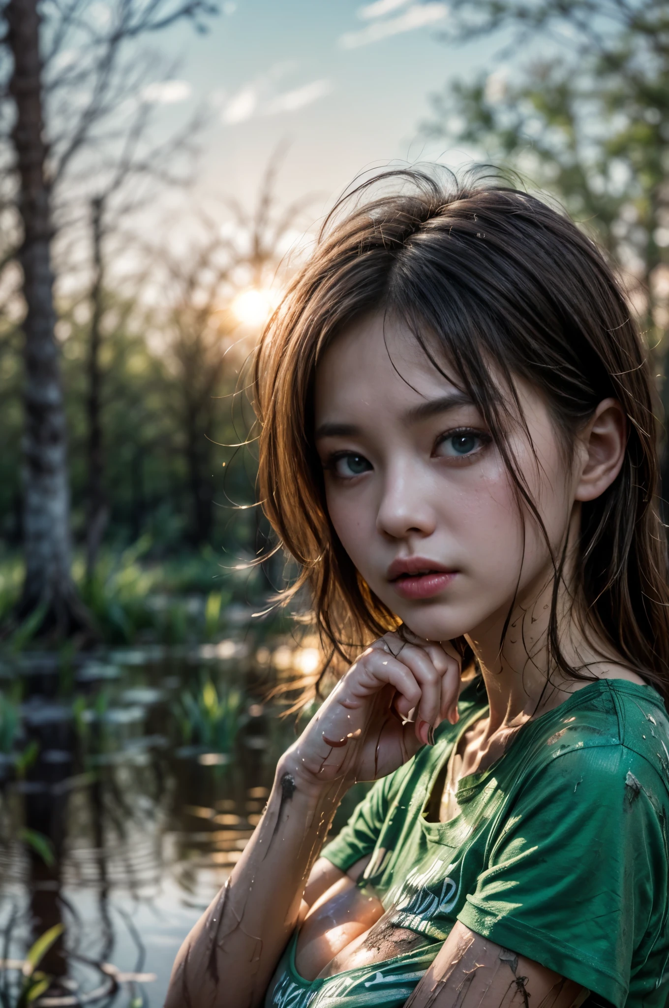best quality,4k,8k,highres,masterpiece:1.2),ultra-detailed,(realistic,photorealistic,photo-realistic:1.4), profesional photograph by dunitskiy david, natural light, half body portraits, a beautiful young korean girl, ((wearing t-shirt:1.5), (hug up her breast by her hand:1.4)), lustly look, soft glow, elegant beauty, detailed blue green eyes, sexy pose, delicate skin texture, flowing messy hair, seductive expression, plumpy posture, collarbone, naturally droopy breast, (slim abs:1.3), (soaking in the dirty swamp in day light:1.4), subtle shadows, dirty background, shallow depth of field, high contrast, dark and foggy atmosphere, fine art photography, low angle, close up, (facing forward:1.3), photon mapping
