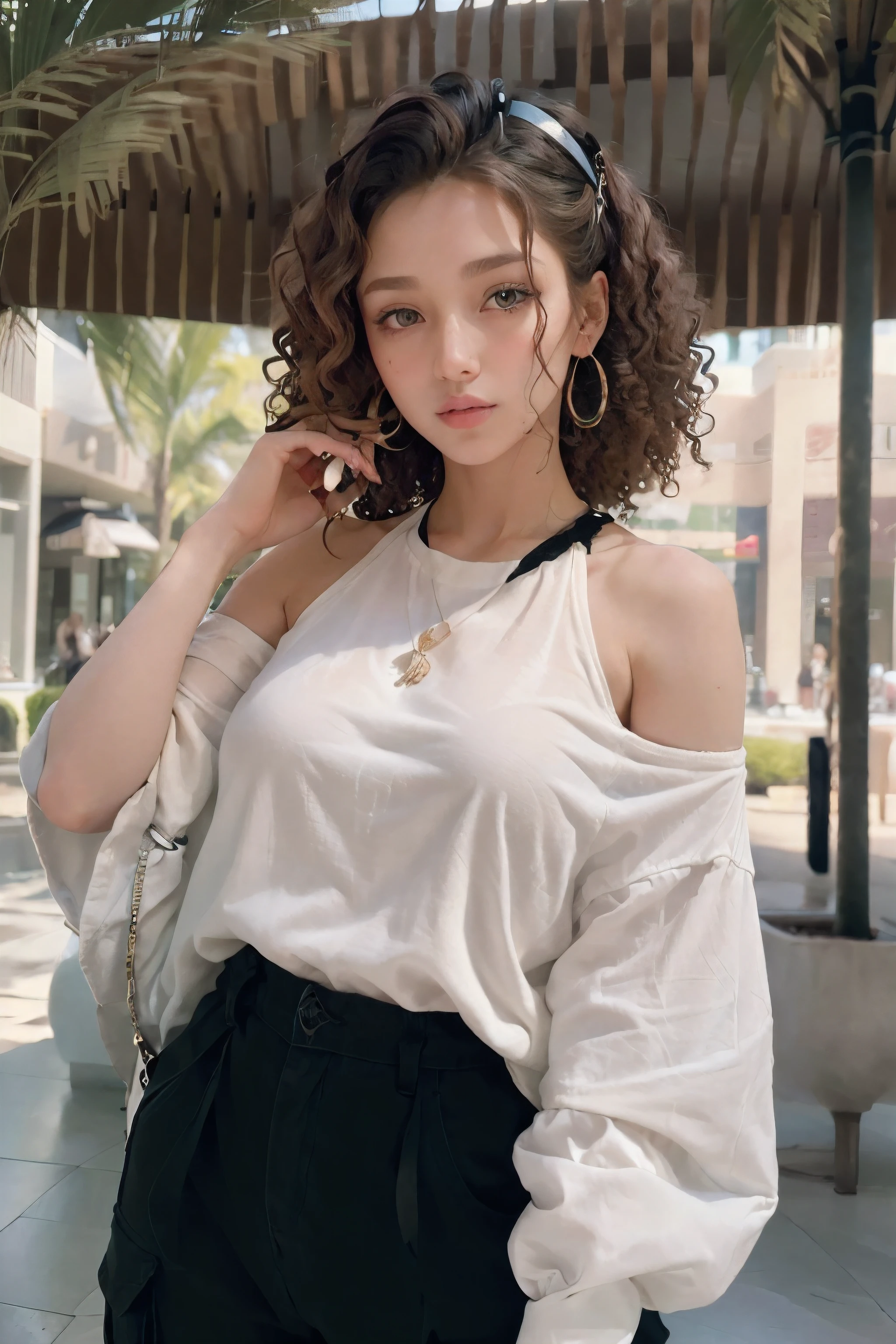 A stunning woman with curly hair and green eyes, wearing a white shirt and black cargo pants, will be at the mall enjoying a sheik. This captivating portrait showcases her natural beauty and confident style. The image, whether a painting or photograph, is rich in detail and color, highlighting her unique features with vibrant hues and intricate textures. Every aspect of her appearance exudes elegance and charm, making the viewer unable to look away from this exquisite representation.