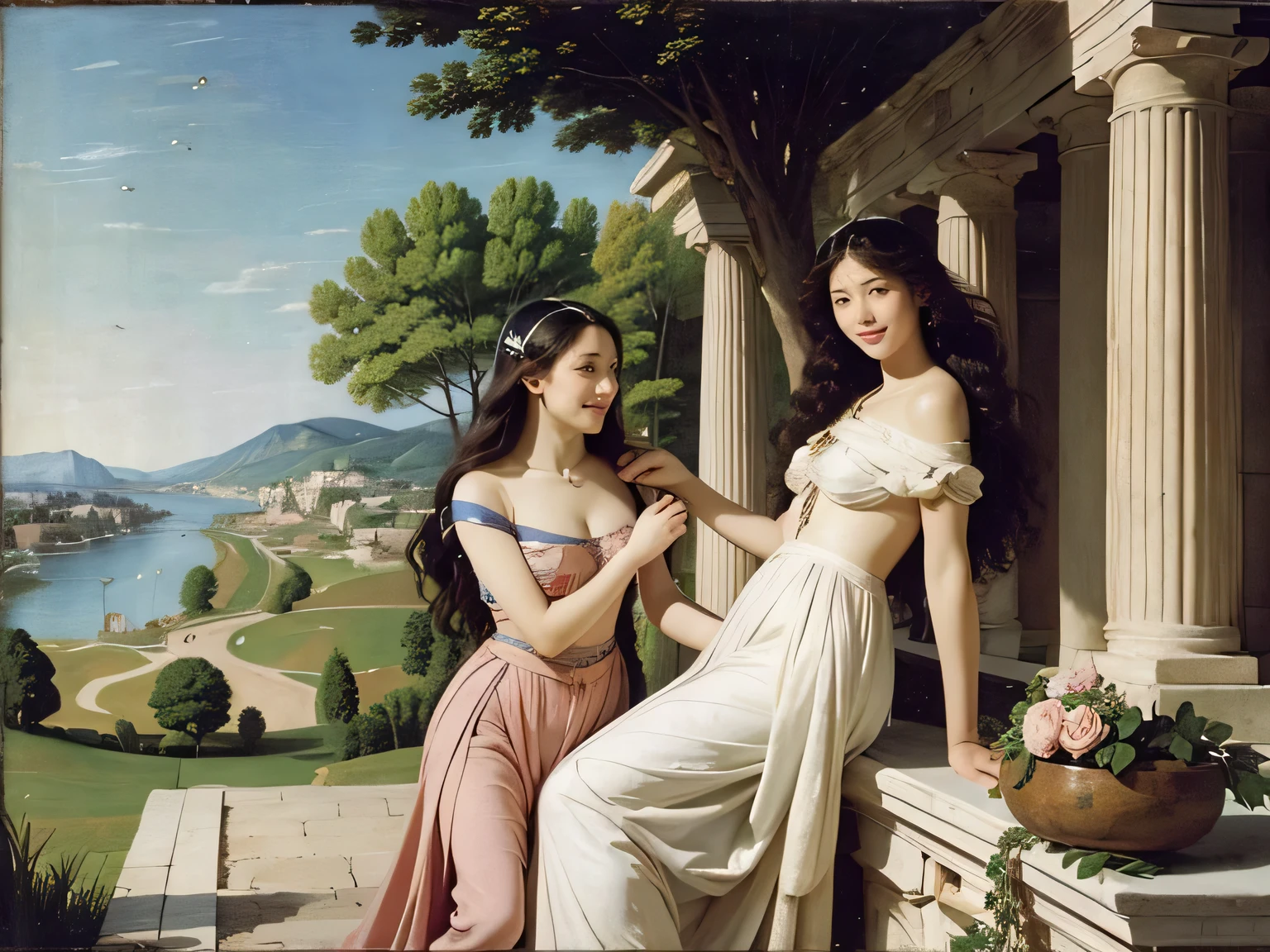 full body portrait or statue、Sandro Botticelli painting style,Arguments of two female Philosophe,math、astronomical machine、astronaut、roses in vase、fruits、Cute trinkets、smile、ancient greek costume、Ancient Roman landscape in the style of Nicolas Poussin,laughter,,Sweet and seductive appearance.、Caravaggio's paintings、Chiaroscuro of Caravaggio、hair tousled by the wind,Two women frolicking,cute smile, expression of ecstasy,Sexy,erotic