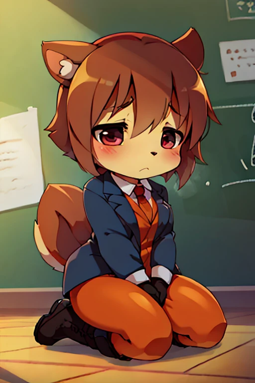 boy, squirrel and rabbit and cat, furry, bodyfur, blazer, bottomless, color tights, gloves, boots, school, chibi, sad, kneeling