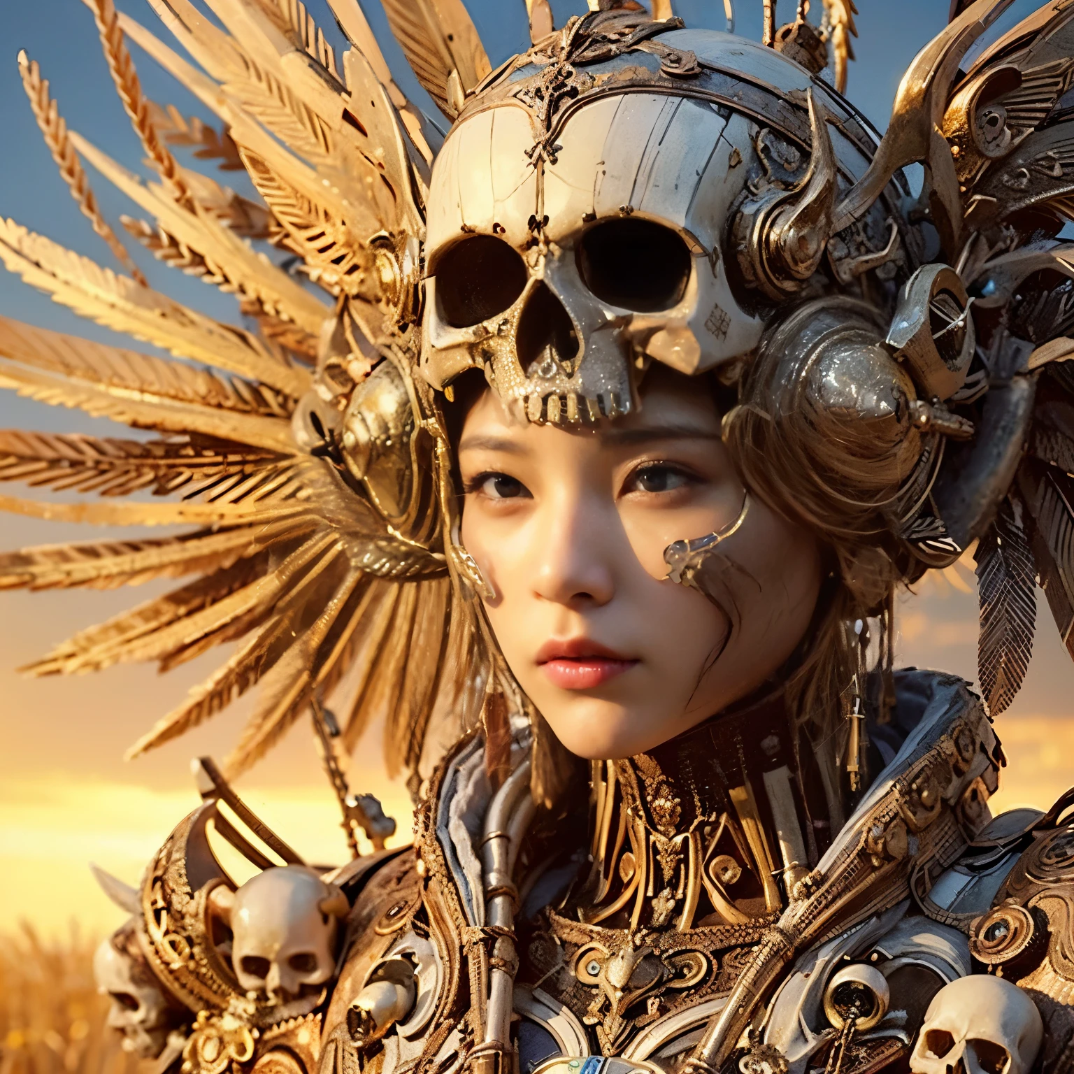 (masterpiece、highest quality、Realistic photos)、A very cute Japanese woman、(Brown skin:1.2)、A complex copper and brass mechanical armor with a skull motif.、Bat Wings、White tone、Blue accents、foot、Extremely intricate details、Posing on the medieval castle walls at sunset、Full Body Shot、Minimum 4 or more generated