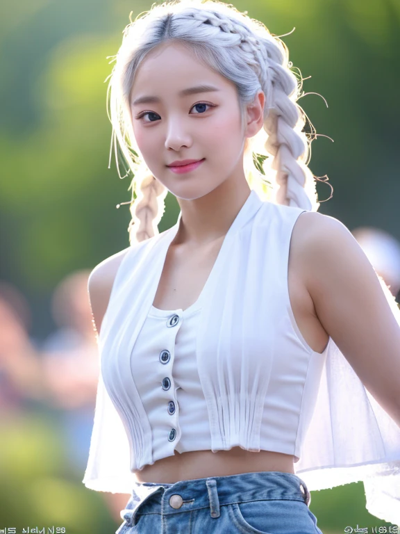 best quality，masterpiece，high resolution，HD，Ultra-clear face，Small face，a korean beauty，24 years old，Korean female idol，white hair，white hair，Cute white braids，Korean makeup，Summer Fashion Design Pattern Cool Belly Revealing Performance Clothes，summer style stage，Small waist，Real Body，Cute perfect expression，Vest line