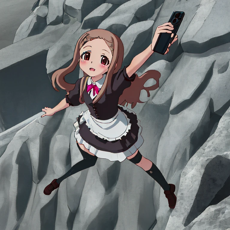 Kokona takes a selfie while climbing a cliff in a maid outfit