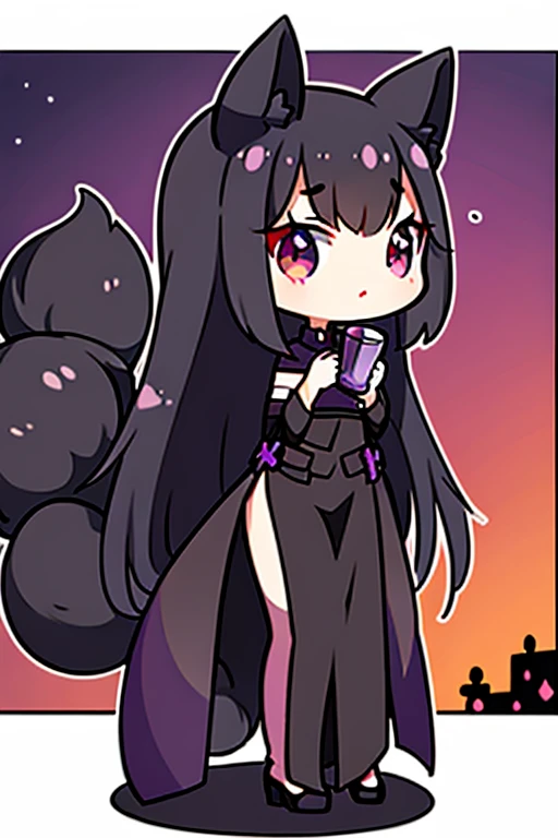 A black haired woman with violet eyes with an hourglass figure and black fox ears and a black fox tail is sleeping on her bead