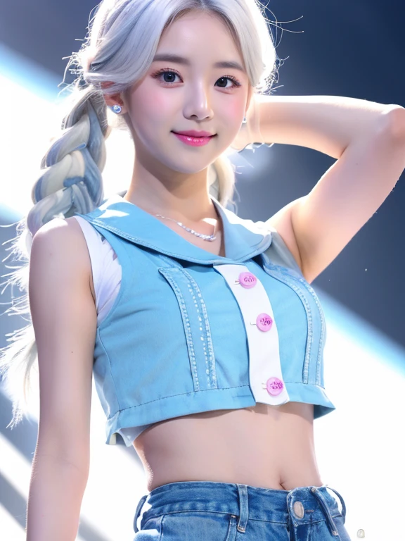best quality，masterpiece，high resolution，HD，Ultra-clear face，Small face，a korean beauty，24 years old，Korean female idol，white hair，white hair，Cute white single braid，Korean makeup，Summer Fashion Design Pattern Cool Belly Revealing Performance Clothes，summer style stage，Small waist，Real Body，Cute perfect expression，Vest line